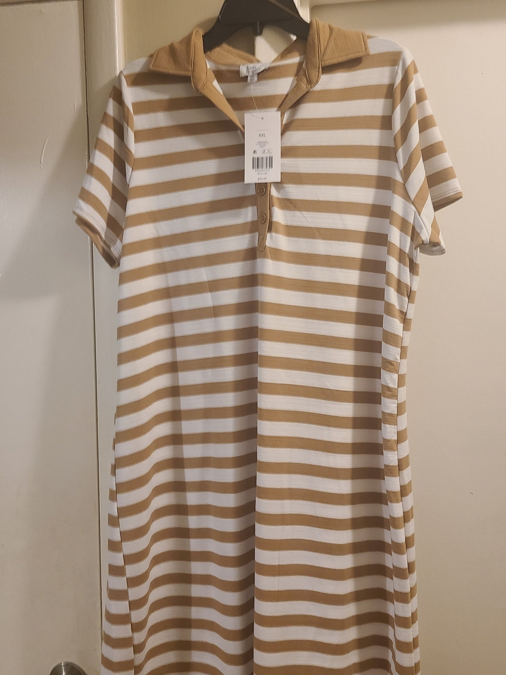 Kim Rogers Tan and White Striped Polo Midi Dress